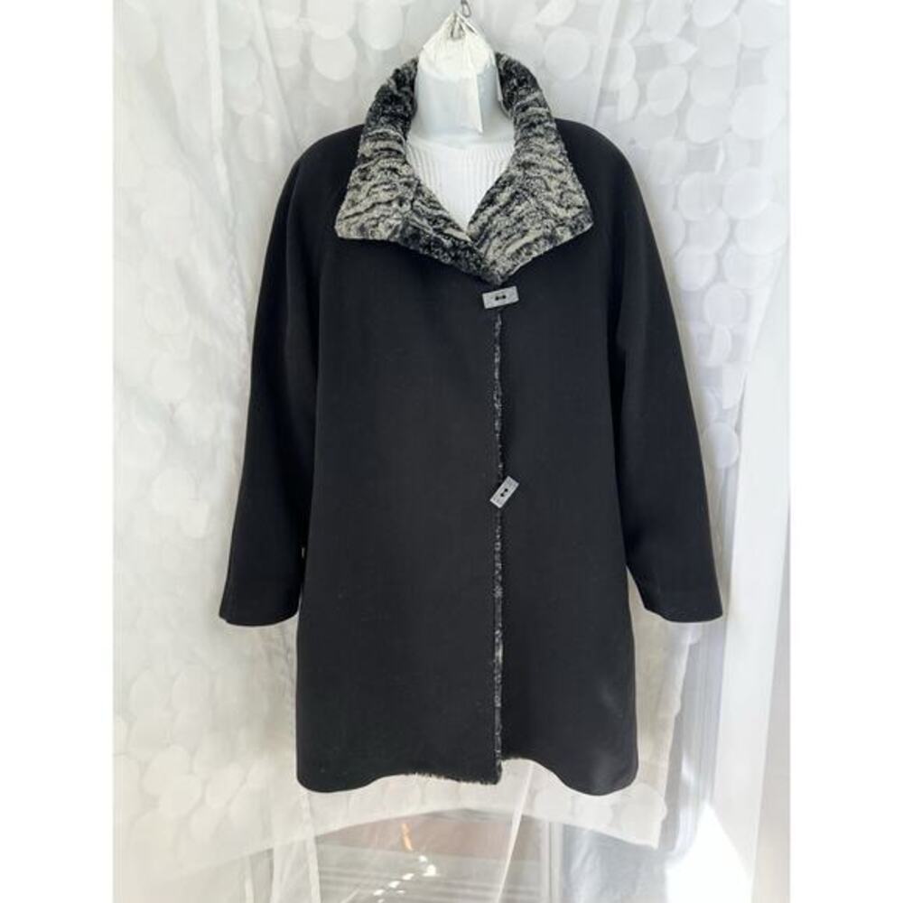 Windsmoor Women’s Black Wool Cashmere Dress Coat US 10 Faux Fur Trim UK Sz14